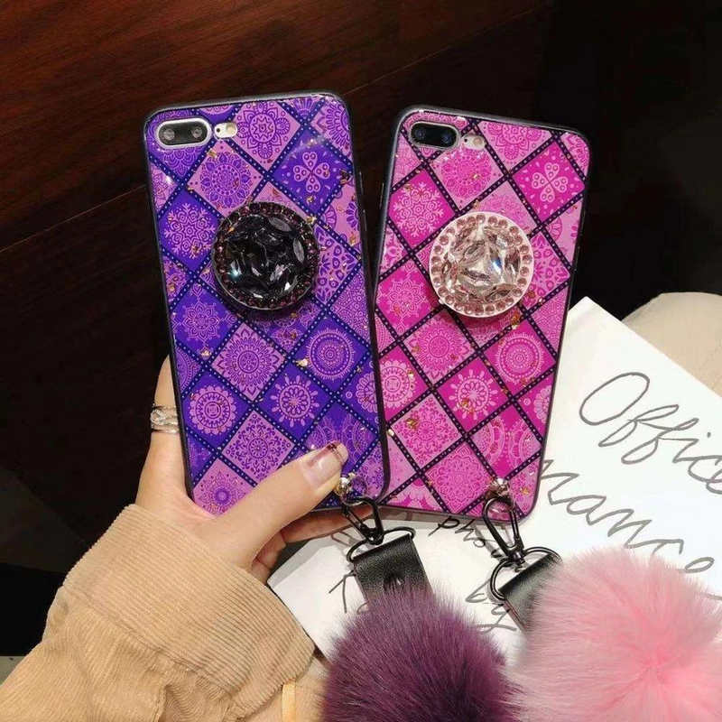 Funda Mandala Para iPhone + Mica + Pompon Charm Mujer Correa