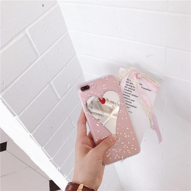 Funda Espejo Para iPhone Corazon Gigante Dama Mujer Brillos