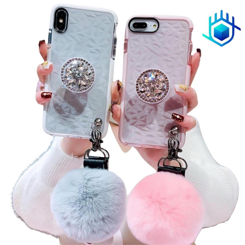 Funda Diamantes para iPhone 14 Plus+ Mica+ Pompon+ Sujetador