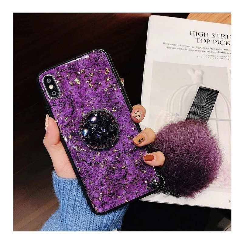 Funda Para Huawei Marmol + Pompon Charm Mujer Dama Protector