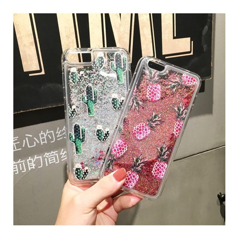 Funda Glitter iPhone Liquida Piña Cactus Brillos Mujer Case