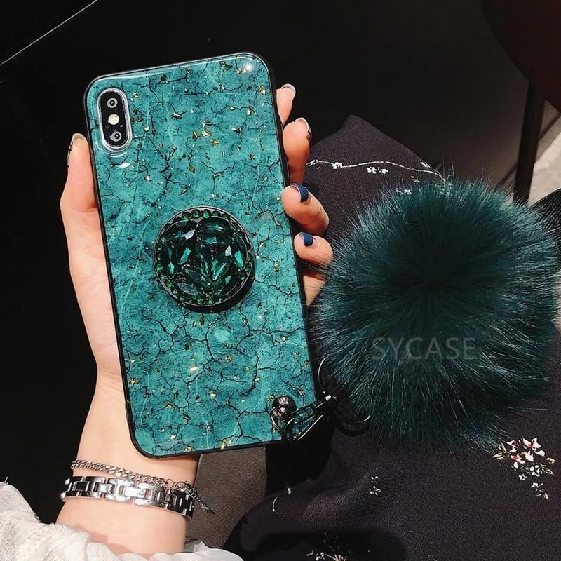 Funda Marmol para iPhone 14 Pro + Mica + Pompon + Sujetador