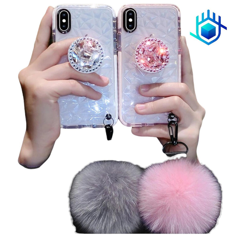 Funda Diamantes para iPhone 14 Pro + Mica+ Pompon+ Sujetador