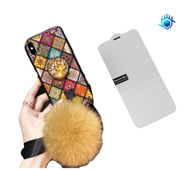 Funda Mandala Para iPhone + Mica + Pompon Charm Mujer Correa