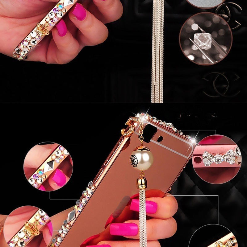 Funda Espejo para iPhone Colguije Flor Mujer Case Diamantes