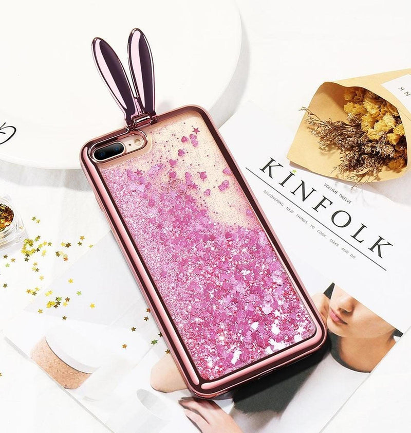 Funda Para iPhone Conejo Liquido Glitter Estrellas Corazones