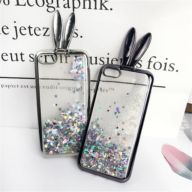 Funda Para iPhone Conejo Liquido Glitter Estrellas Corazones