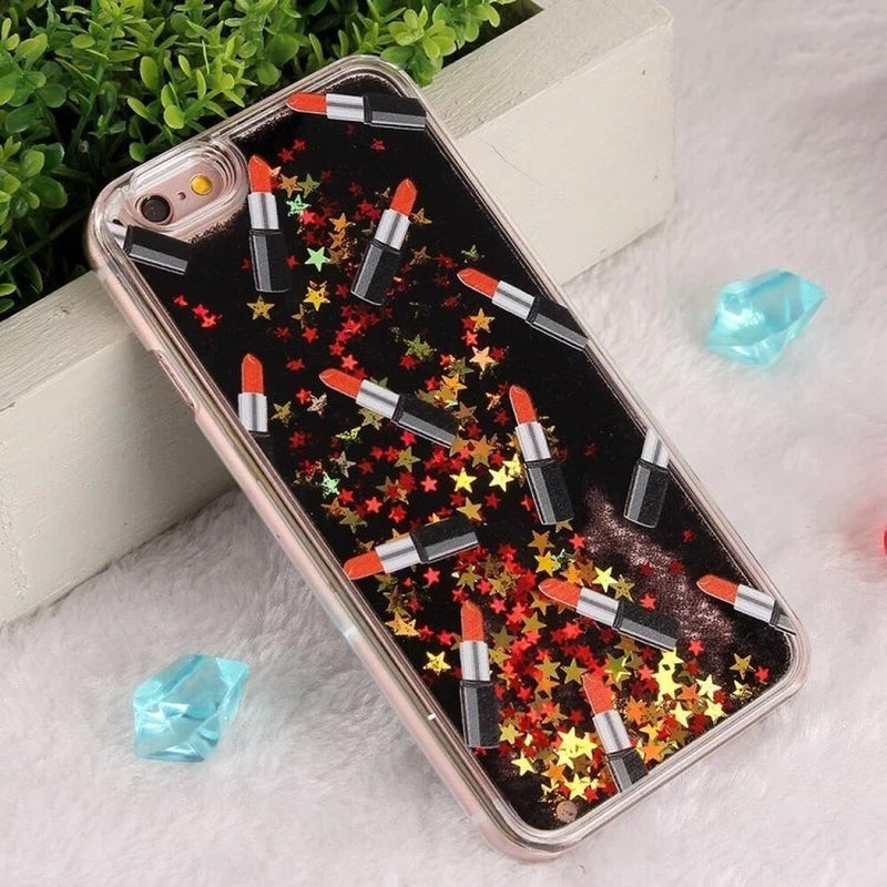 Funda Liquida Para iPhone Lipstick Mujer Estrella Glitter 3d