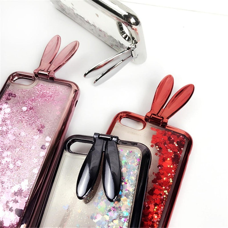 Funda Para iPhone Conejo Liquido Glitter Estrellas Corazones