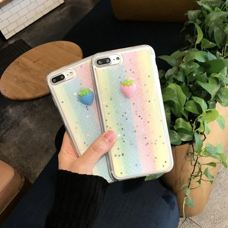 Case Para iPhone Fresita Arcoiris Estrellas Glitter Brillos