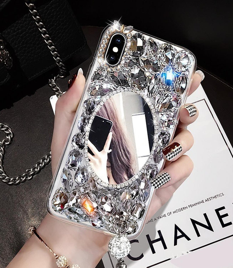 Funda para iPhone Espejo Piedras Colgante Case Mujer Dama 3D