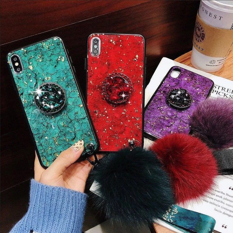 Funda Para Huawei Marmol + Pompon Charm Mujer Dama Protector