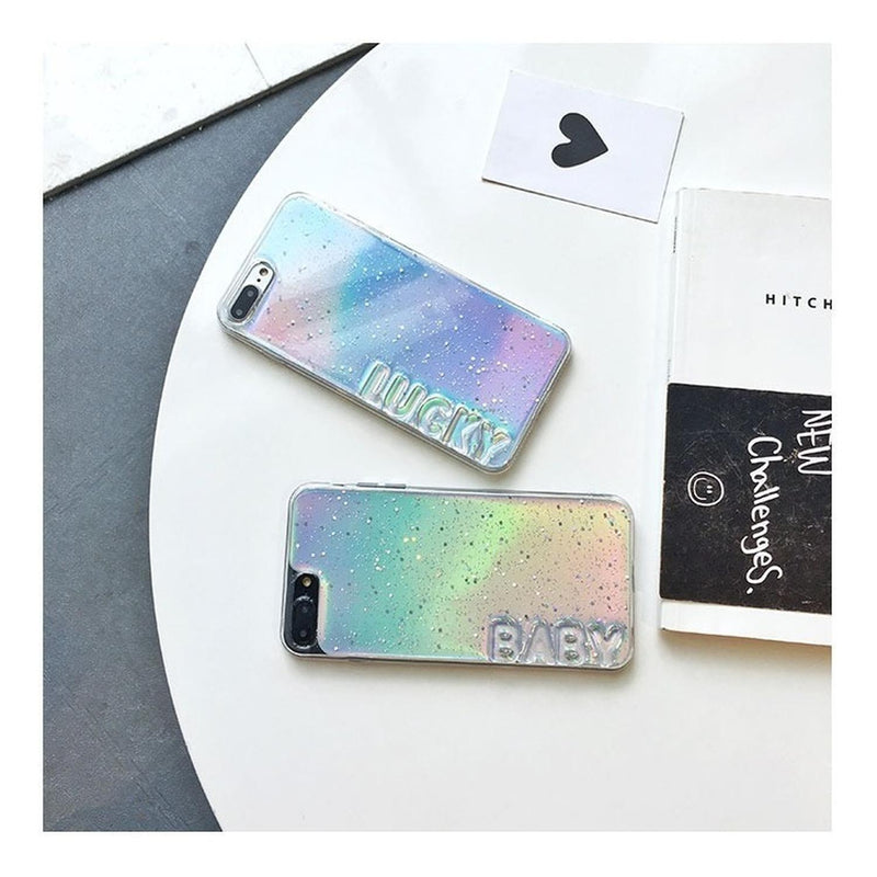 Case Tornasol Para iPhone Frases Lucky Baby Brillos Arcoiris