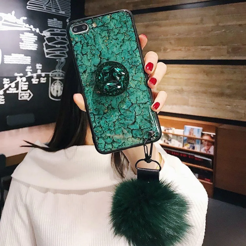 Funda Marmol para iPhone 14 Pro + Mica + Pompon + Sujetador