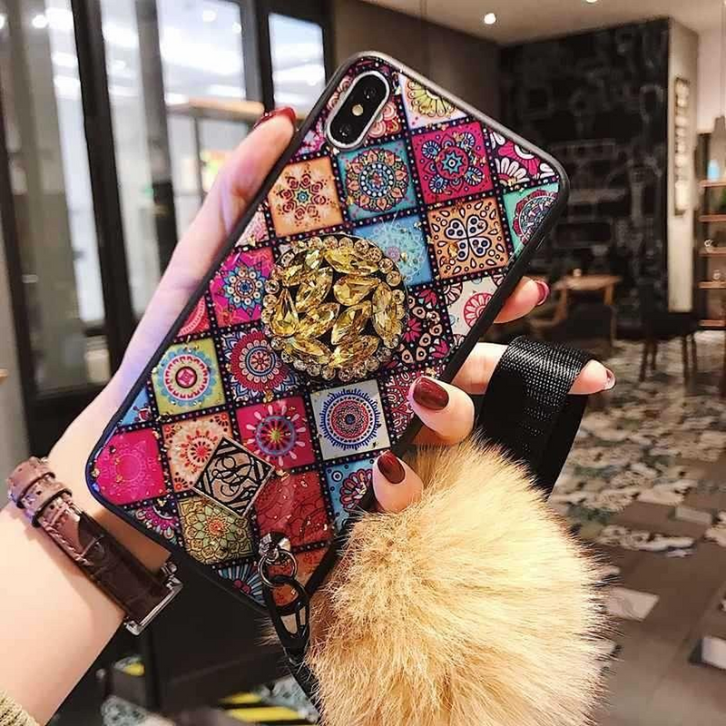 Funda Mandala Para iPhone + Mica + Pompon Charm Mujer Correa