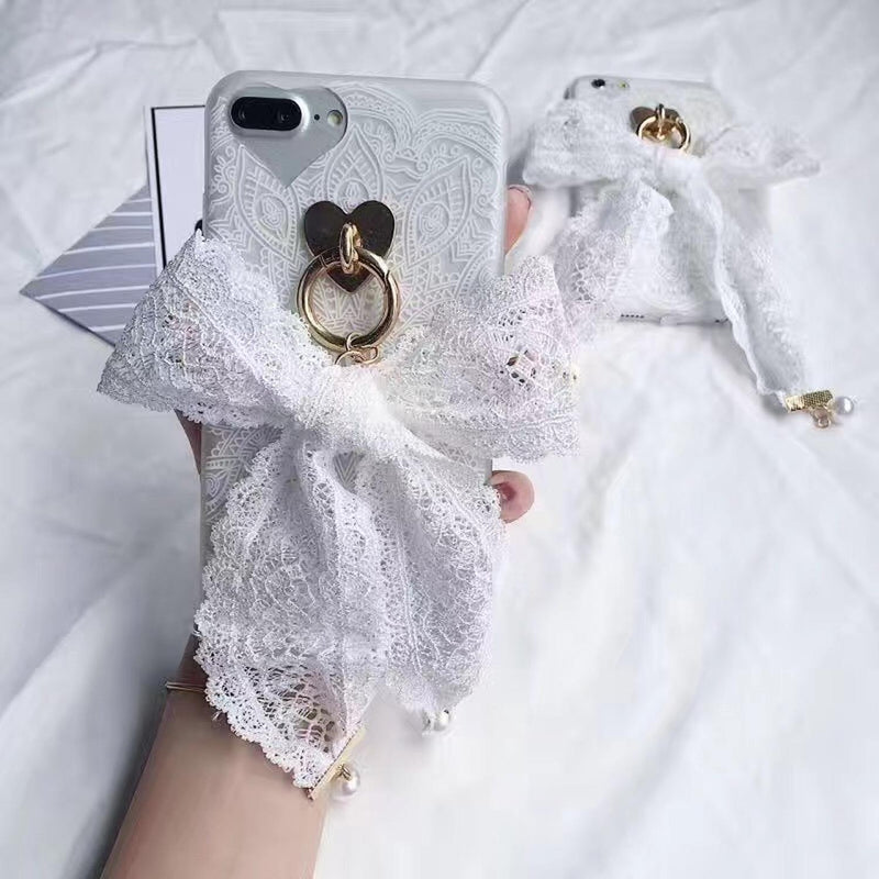 Funda Para iPhone Encaje Corazon Con Moño Perlas Dama Mujer