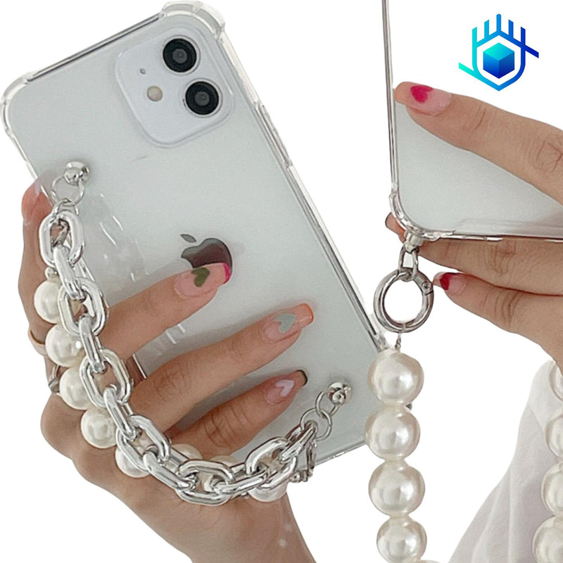 Funda Cadena Perlas + Mica para iPhone Mujer Elegante Case