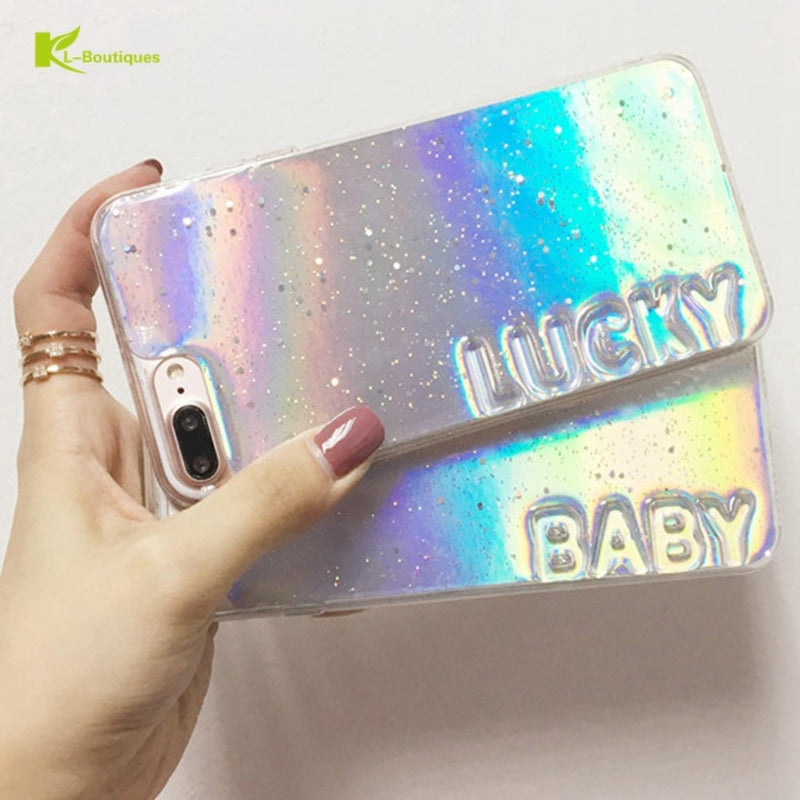 Case Tornasol Para iPhone Frases Lucky Baby Brillos Arcoiris