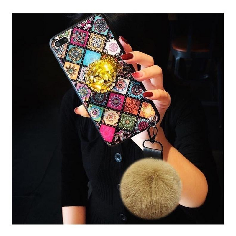 Funda Mandala Para iPhone + Mica + Pompon Charm Mujer Correa