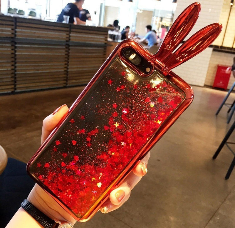 Funda Para iPhone Conejo Liquido Glitter Estrellas Corazones