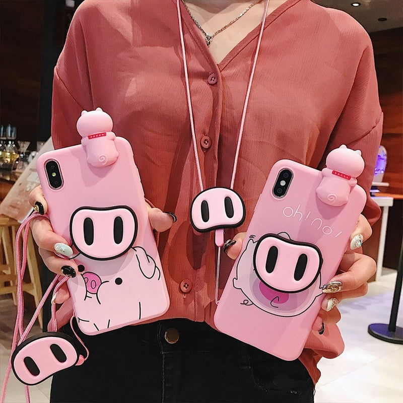 Funda Cerdito Para iPhone + Collar Colguije Puerquito Nariz