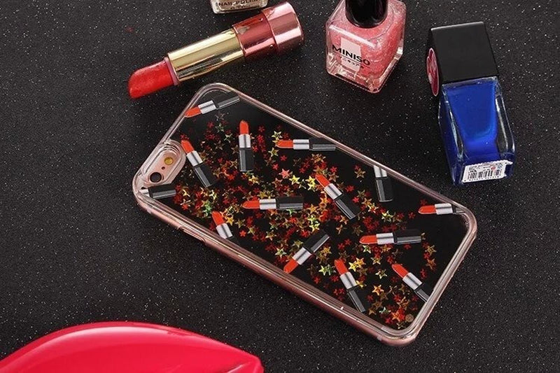 Funda Liquida Para iPhone Lipstick Mujer Estrella Glitter 3d