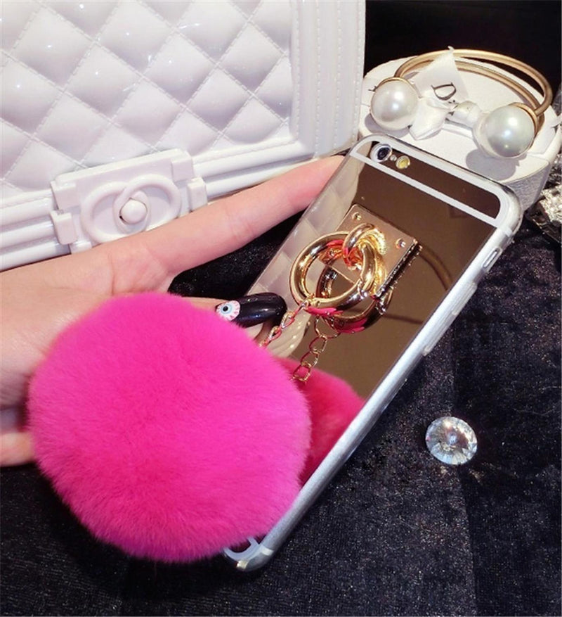 Funda Charm Para iPhone Espejo Dama Mujer Pompon Protector