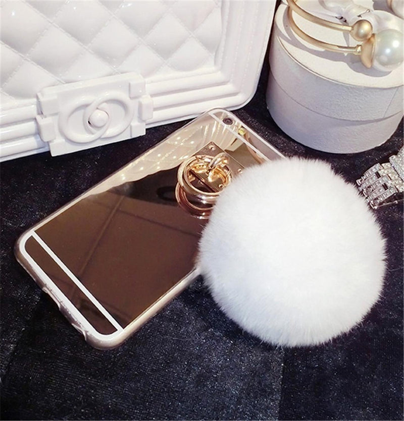 Funda Charm Para iPhone Espejo Dama Mujer Pompon Protector