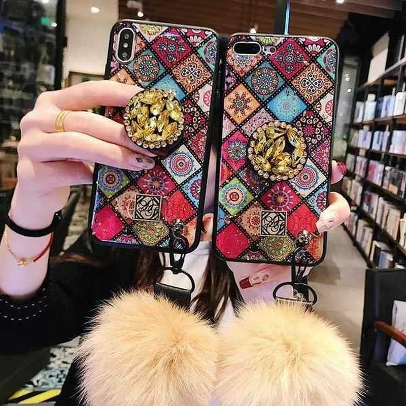 Funda Mandala Para iPhone + Mica + Pompon Charm Mujer Correa