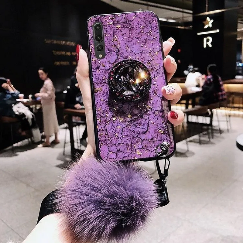 Funda Marmol para iPhone 14 Pro + Mica + Pompon + Sujetador