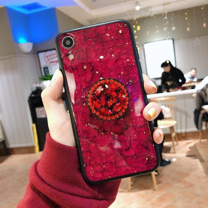 Funda Marmol para iPhone 14 Pro + Mica + Pompon + Sujetador