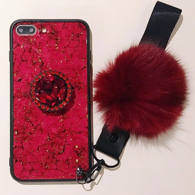 Funda Marmol para iPhone 14 Plus + Mica + Pompon + Sujetador