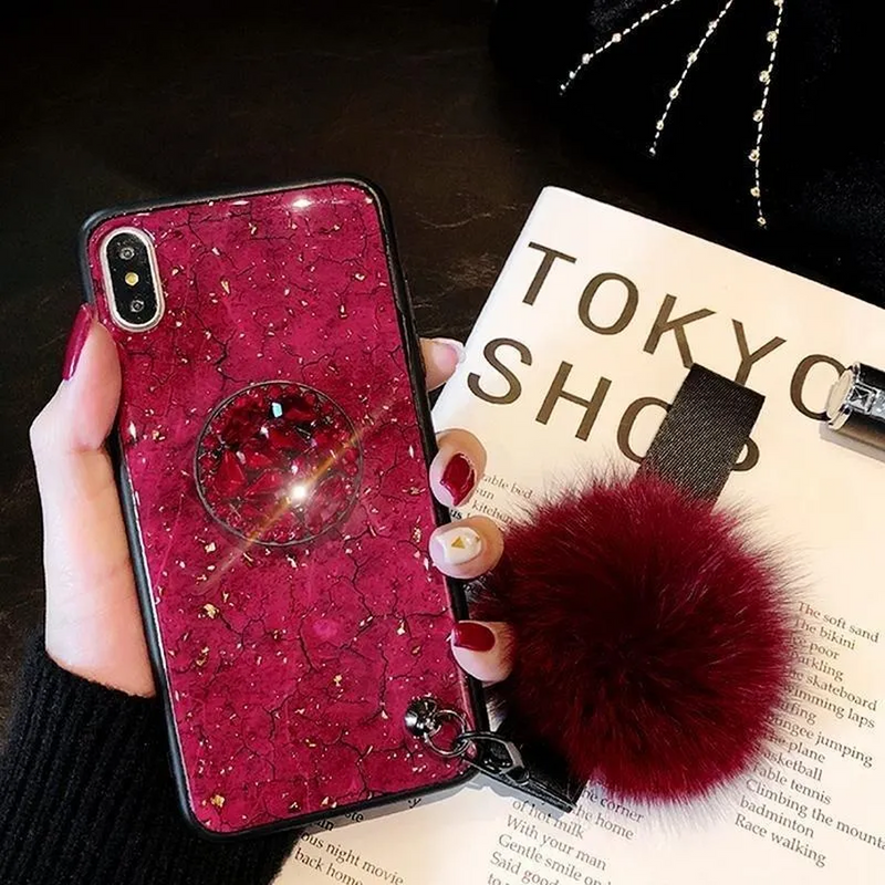 Funda Marmol para iPhone 14 Plus + Mica + Pompon + Sujetador