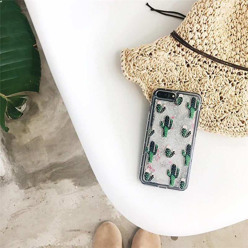 Funda Glitter iPhone Liquida Piña Cactus Brillos Mujer Case