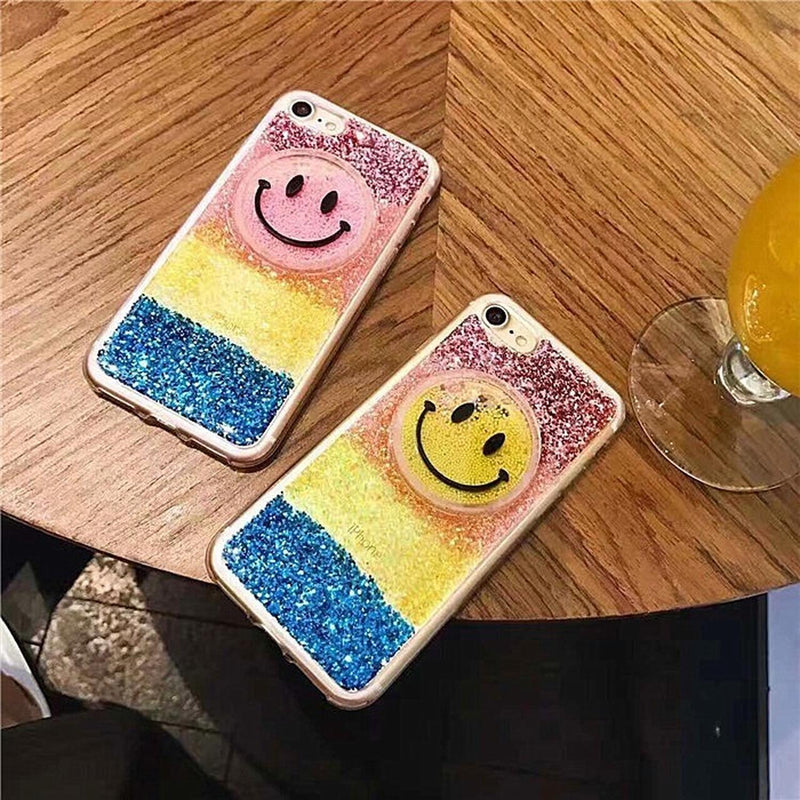 Funda Liquida iPhone Cara Feliz Emoji Brillo Glitter Case 3d