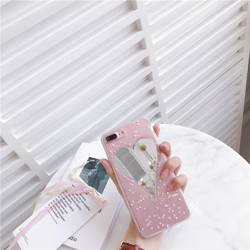 Funda Espejo Para iPhone Corazon Gigante Dama Mujer Brillos