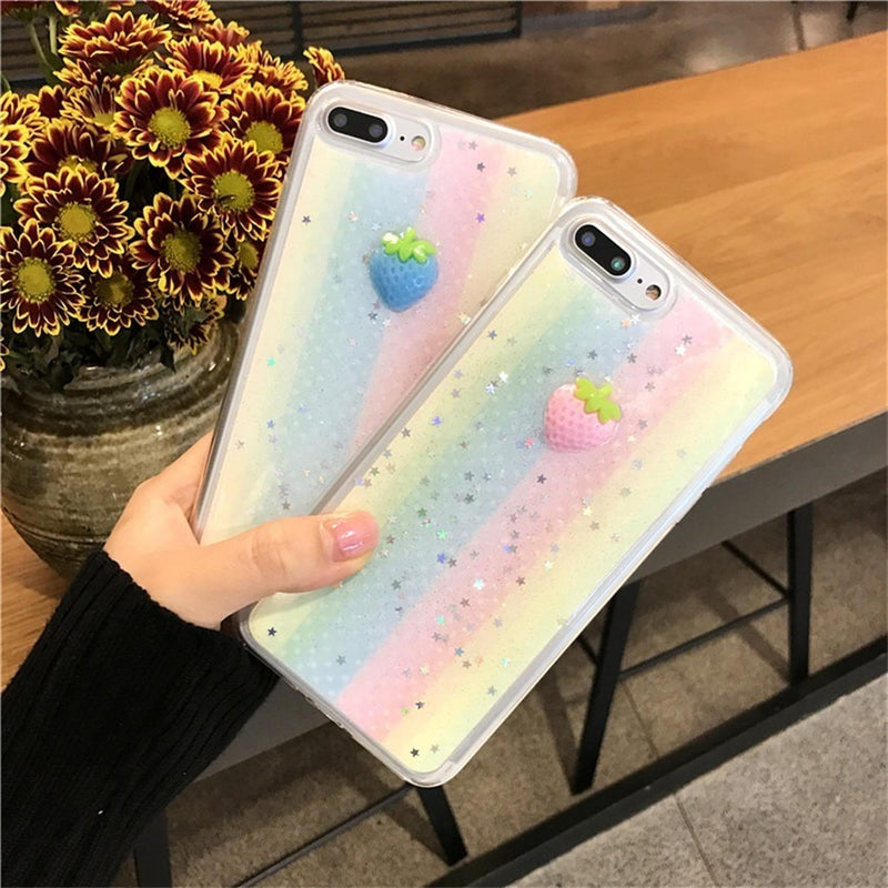 Case Para iPhone Fresita Arcoiris Estrellas Glitter Brillos