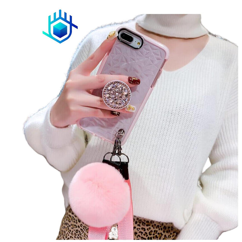 Funda Diamantes para iPhone 14 + Mica + Pompon + Sujetador