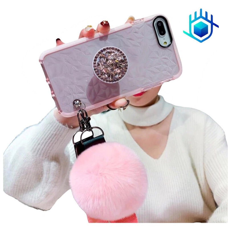 Funda Diamantes para iPhone 14 + Mica + Pompon + Sujetador