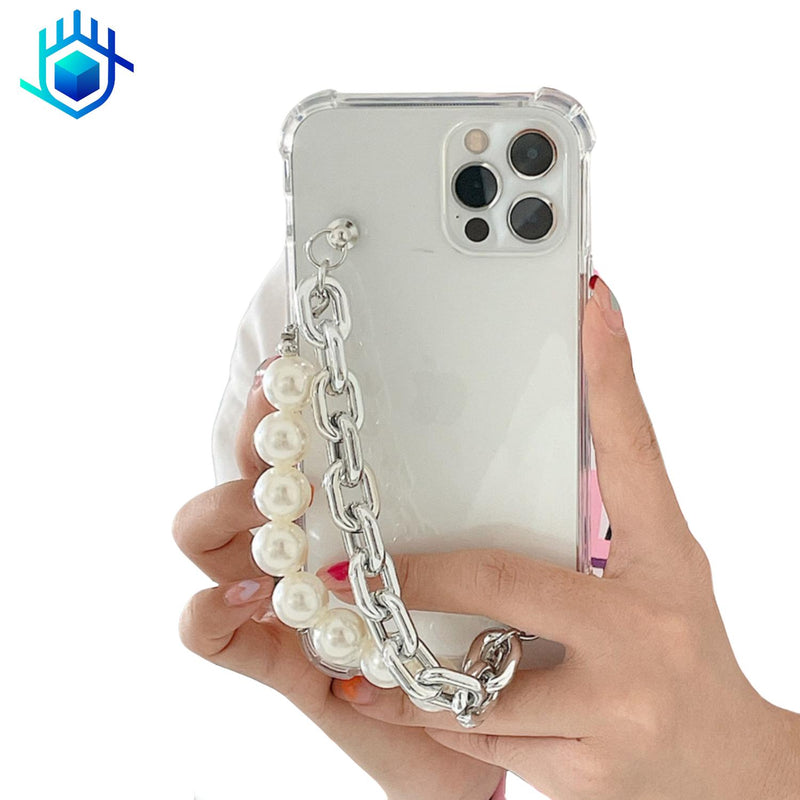 Funda Cadena Perlas + Mica para iPhone Mujer Elegante Case