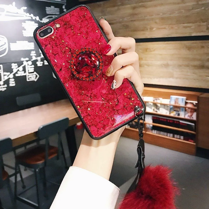 Funda Marmol para iPhone 14 Plus + Mica + Pompon + Sujetador