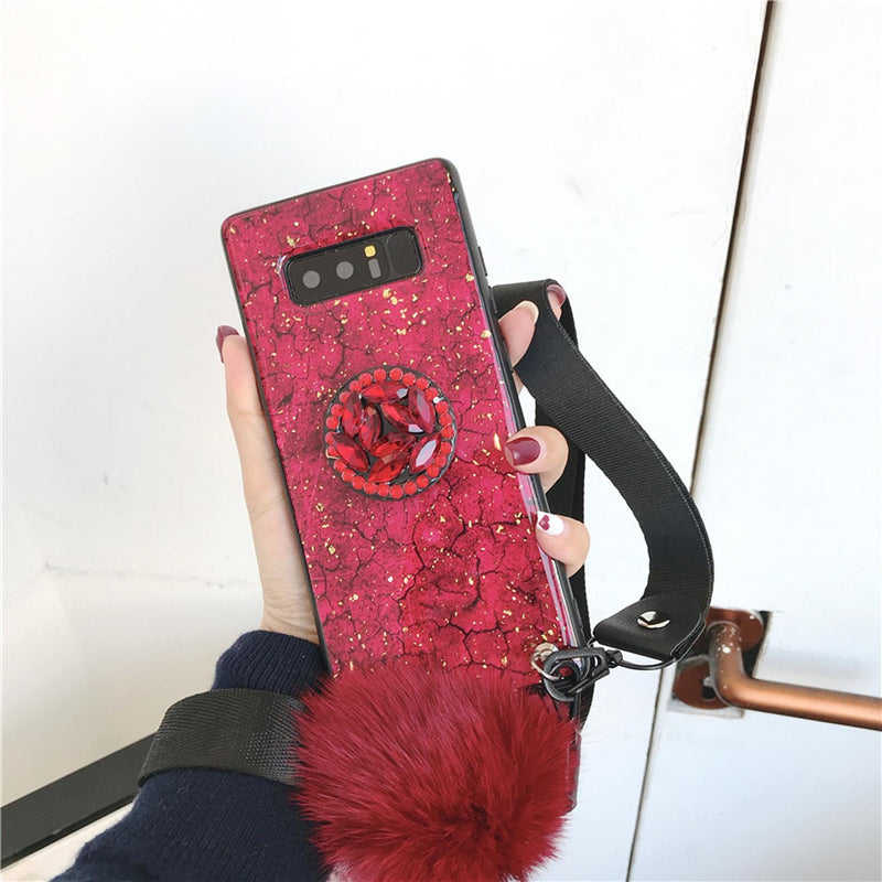 Funda Marmol para iPhone 14 Pro + Mica + Pompon + Sujetador