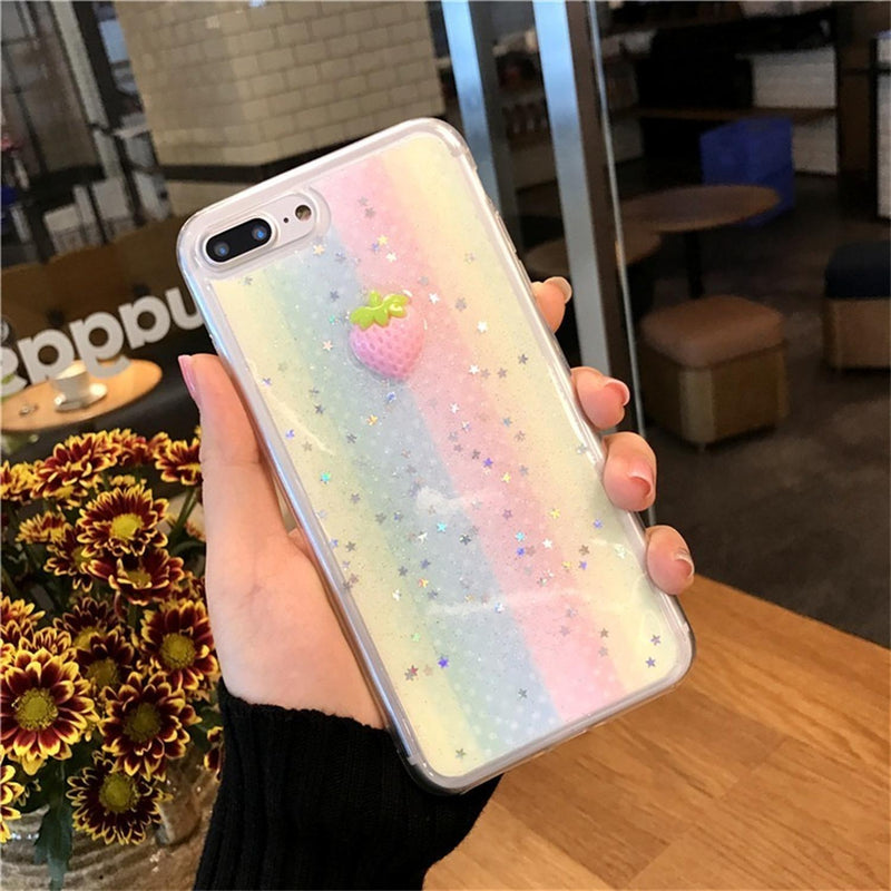 Case Para iPhone Fresita Arcoiris Estrellas Glitter Brillos